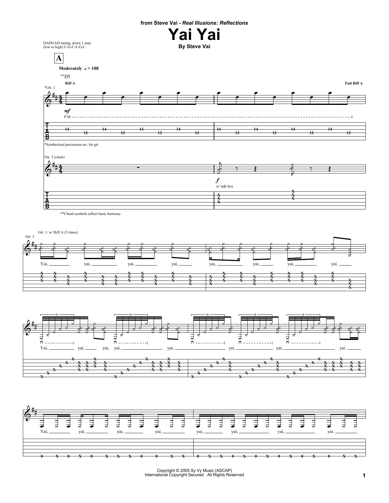 Steve Vai Yai Yai sheet music notes and chords arranged for Guitar Tab
