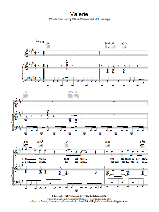 Steve Winwood Valerie sheet music notes and chords arranged for Piano, Vocal & Guitar Chords