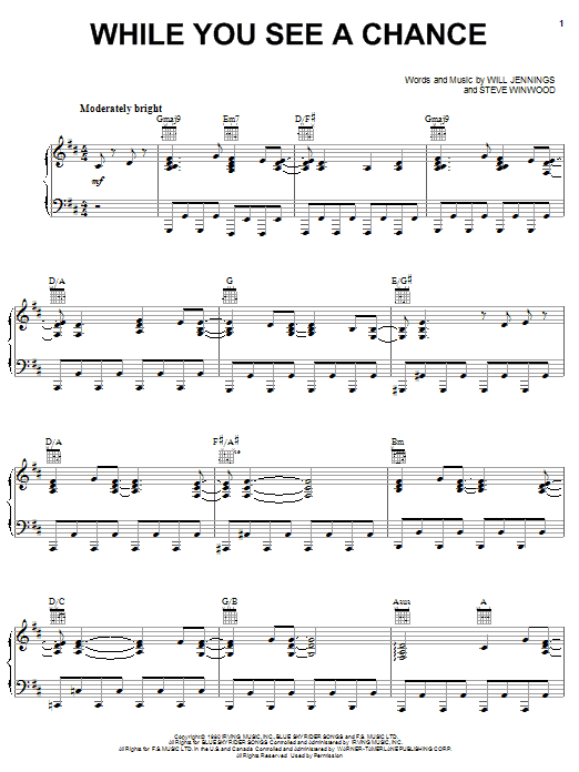 Steve Winwood While You See A Chance sheet music notes and chords arranged for Lead Sheet / Fake Book
