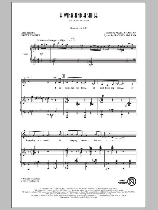 Steve Zegree A Wink And A Smile sheet music notes and chords arranged for 2-Part Choir