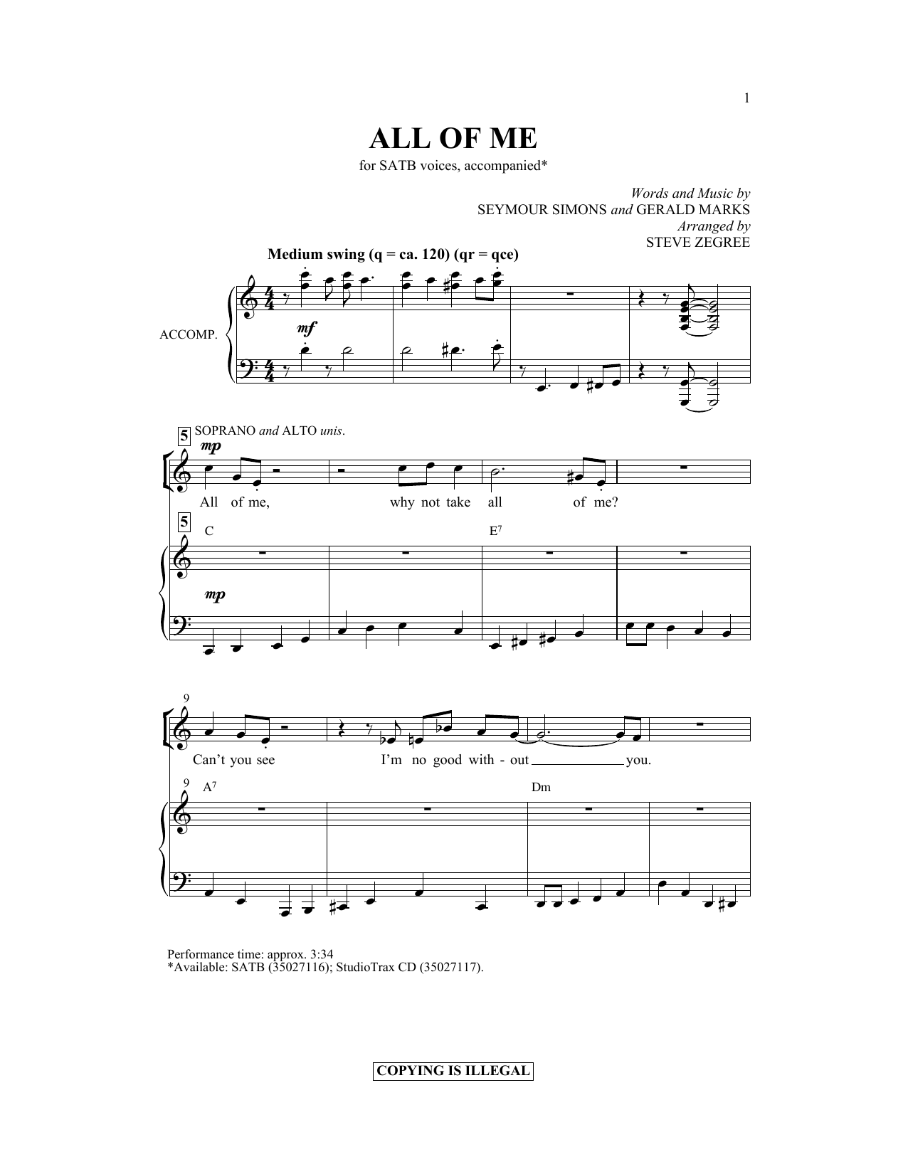 Steve Zegree All Of Me sheet music notes and chords arranged for SATB Choir