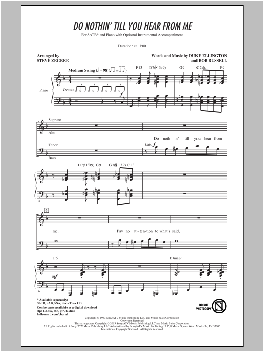 Steve Zegree Do Nothin' Till You Hear From Me sheet music notes and chords arranged for SAB Choir