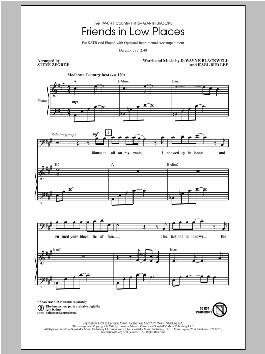 Steve Zegree Friends In Low Places sheet music notes and chords arranged for SATB Choir