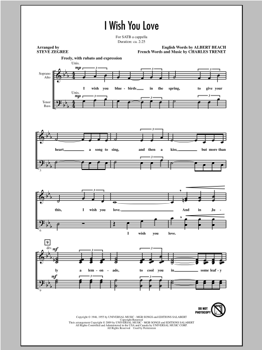 Steve Zegree I Wish You Love sheet music notes and chords arranged for SATB Choir