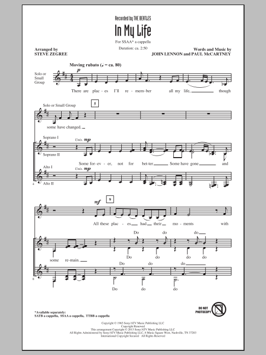 Steve Zegree In My Life sheet music notes and chords arranged for TTBB Choir