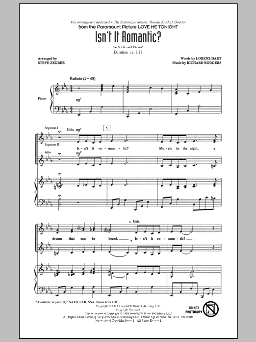 Steve Zegree Isn't It Romantic? sheet music notes and chords arranged for SATB Choir