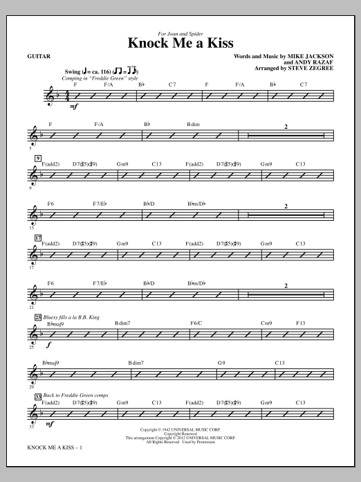 Steve Zegree Knock Me A Kiss - Guitar sheet music notes and chords arranged for Choir Instrumental Pak