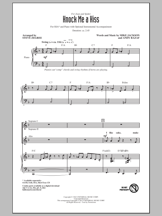 Steve Zegree Knock Me A Kiss sheet music notes and chords arranged for SAB Choir