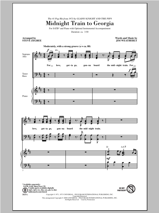 Steve Zegree Midnight Train To Georgia sheet music notes and chords arranged for SAB Choir