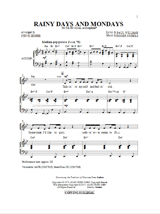 Steve Zegree Rainy Days And Mondays sheet music notes and chords arranged for SATB Choir