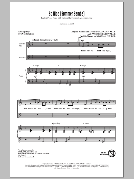 Steve Zegree So Nice (Summer Samba) sheet music notes and chords arranged for SAB Choir