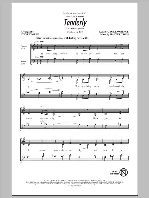 Steve Zegree Tenderly sheet music notes and chords arranged for SATB Choir
