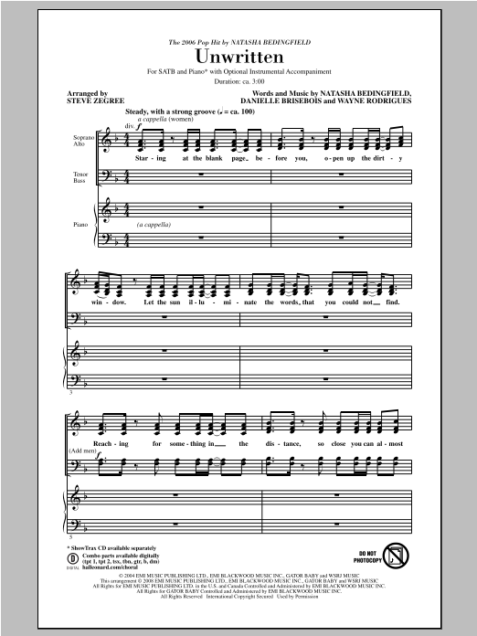 Steve Zegree Unwritten sheet music notes and chords arranged for SATB Choir