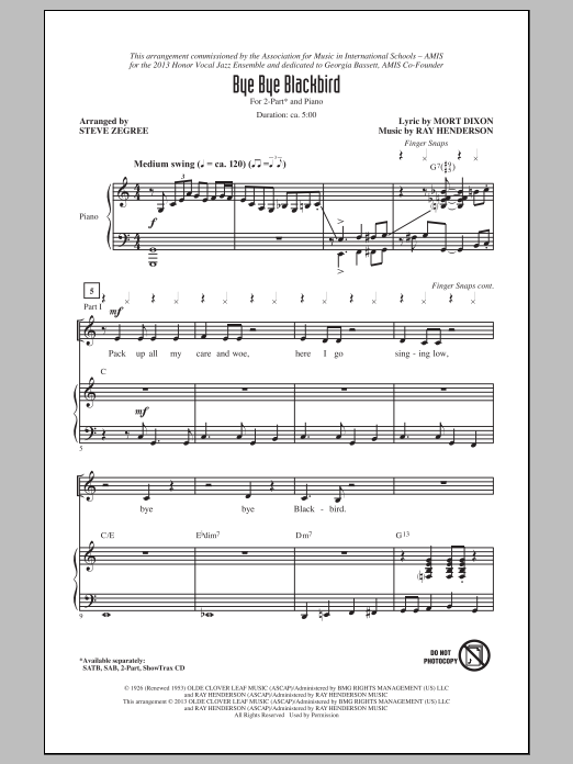 Steve Zegree Bye Bye Blackbird sheet music notes and chords arranged for SAB Choir
