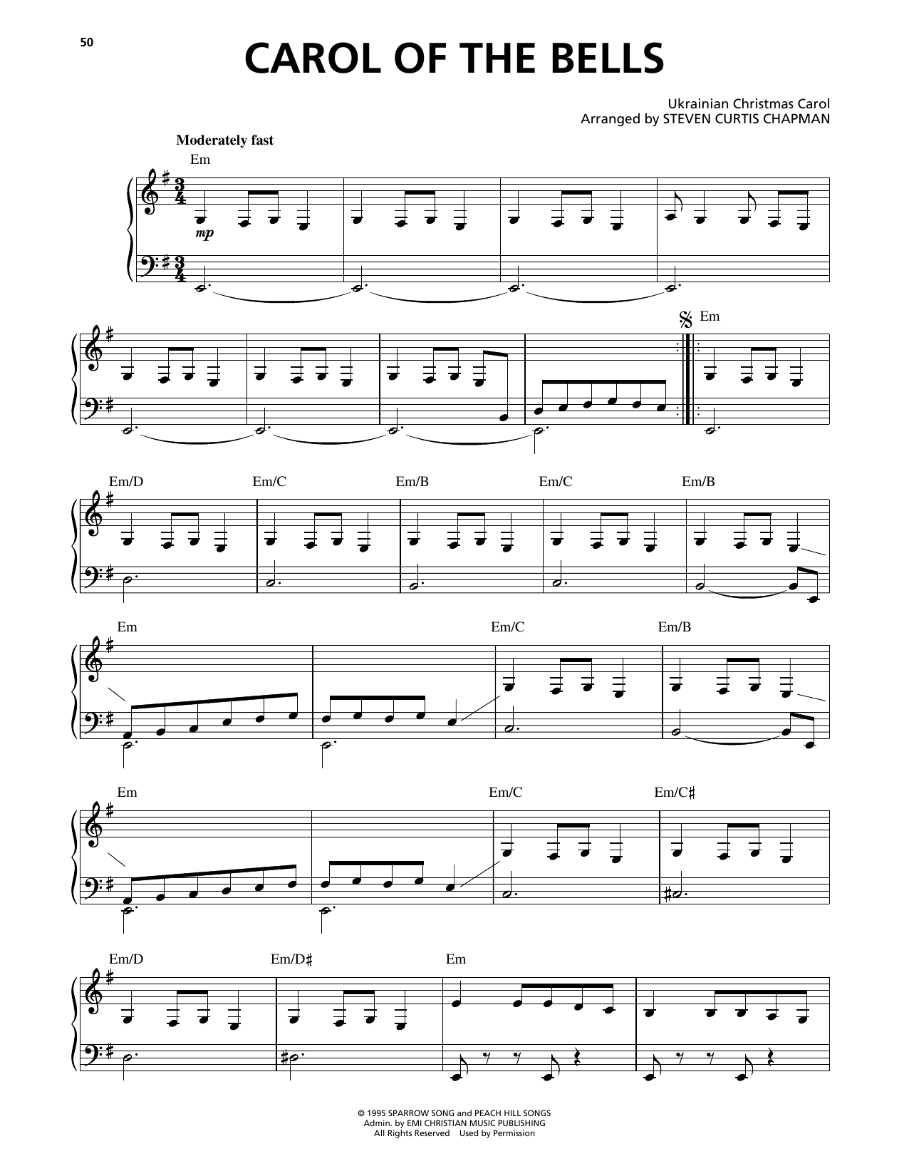 Steven Curtis Chapman Carol Of The Bells sheet music notes and chords arranged for Piano Solo