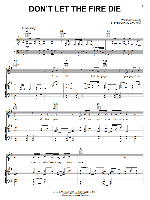 Steven Curtis Chapman Don't Let The Fire Die sheet music notes and chords arranged for Piano, Vocal & Guitar Chords (Right-Hand Melody)