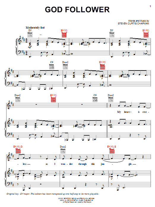 Steven Curtis Chapman God Follower sheet music notes and chords arranged for Piano, Vocal & Guitar Chords (Right-Hand Melody)