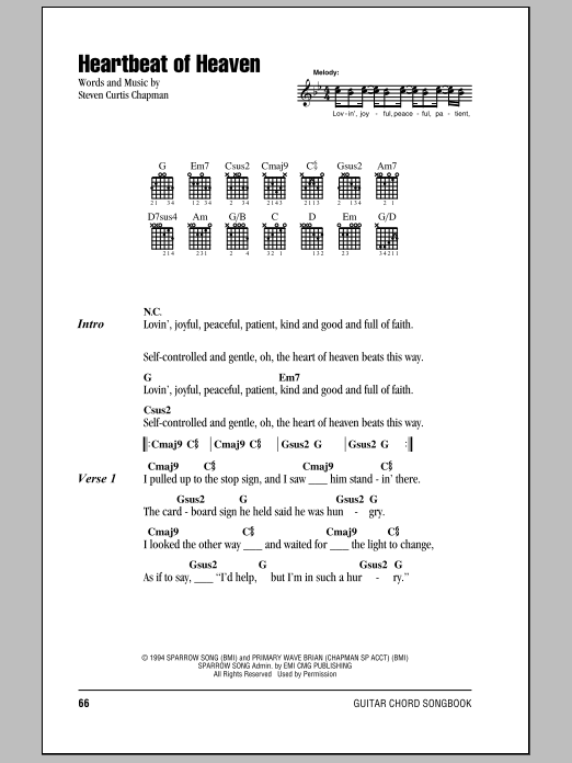 Steven Curtis Chapman Heartbeat Of Heaven sheet music notes and chords arranged for Guitar Chords/Lyrics