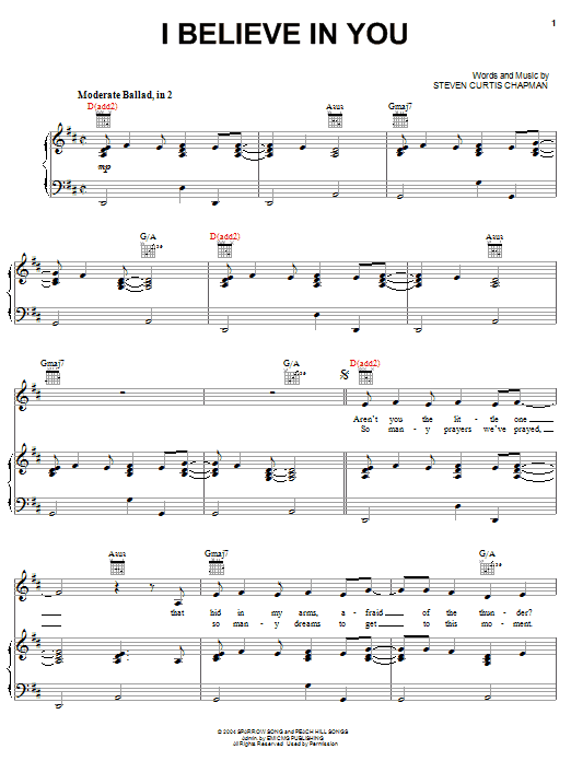 Steven Curtis Chapman I Believe In You sheet music notes and chords arranged for Piano, Vocal & Guitar Chords (Right-Hand Melody)