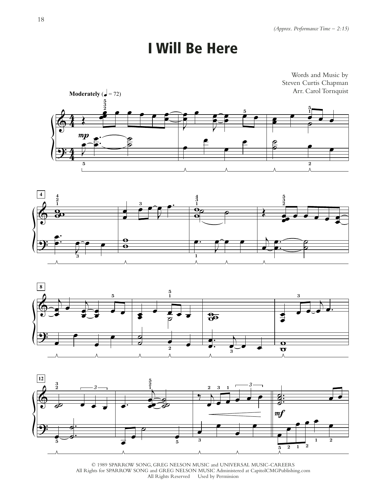 Steven Curtis Chapman I Will Be Here (arr. Carol Tornquist) sheet music notes and chords arranged for Piano Solo