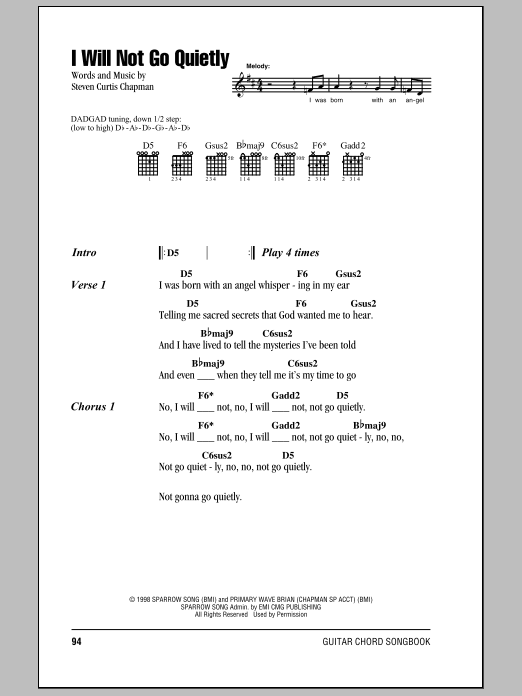 Steven Curtis Chapman I Will Not Go Quietly sheet music notes and chords arranged for Guitar Chords/Lyrics