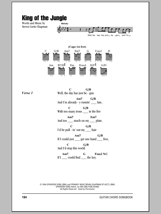 Steven Curtis Chapman King Of The Jungle sheet music notes and chords arranged for Guitar Chords/Lyrics