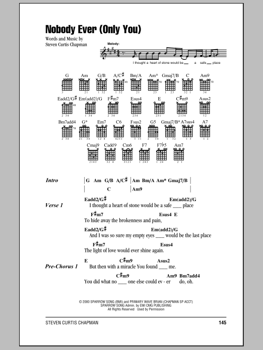 Steven Curtis Chapman Nobody Ever (Only You) sheet music notes and chords arranged for Guitar Chords/Lyrics