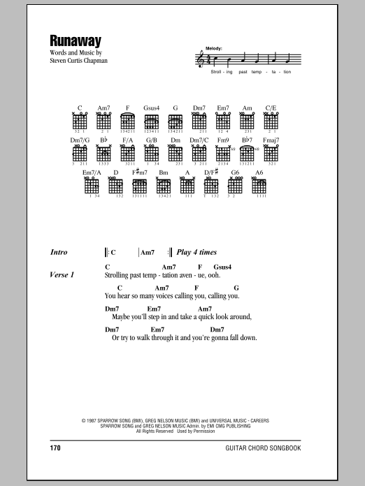 Steven Curtis Chapman Runaway sheet music notes and chords arranged for Guitar Chords/Lyrics