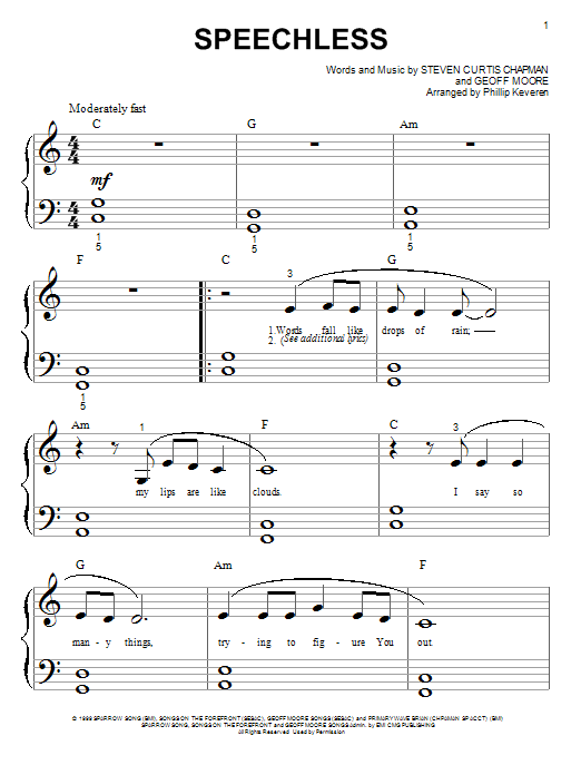 Steven Curtis Chapman Speechless (arr. Phillip Keveren) sheet music notes and chords arranged for Big Note Piano