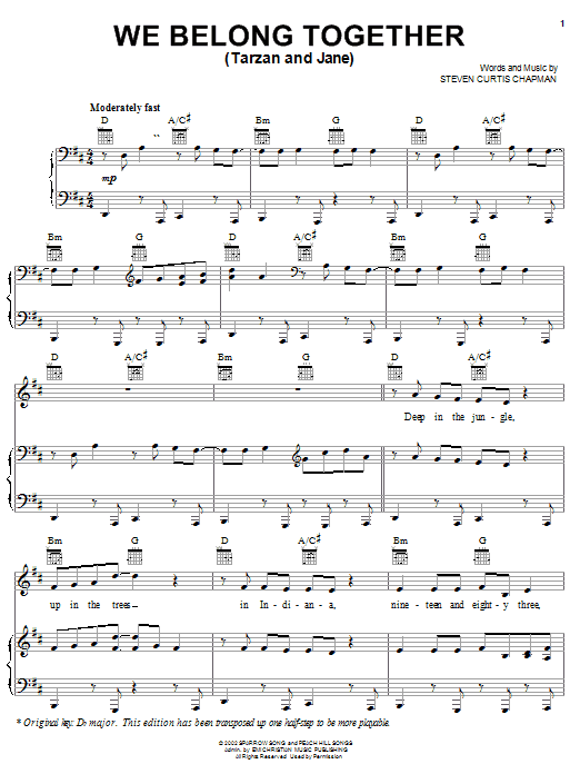 Steven Curtis Chapman We Belong Together (Tarzan And Jane) sheet music notes and chords arranged for Piano, Vocal & Guitar Chords (Right-Hand Melody)