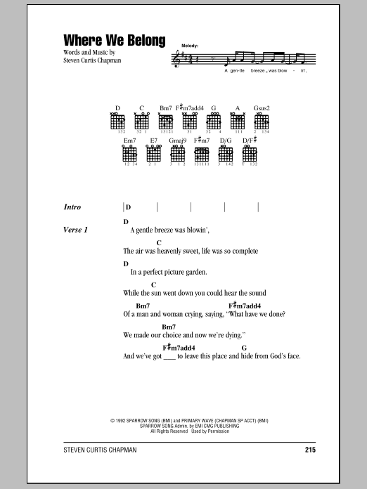 Steven Curtis Chapman Where We Belong sheet music notes and chords arranged for Guitar Chords/Lyrics