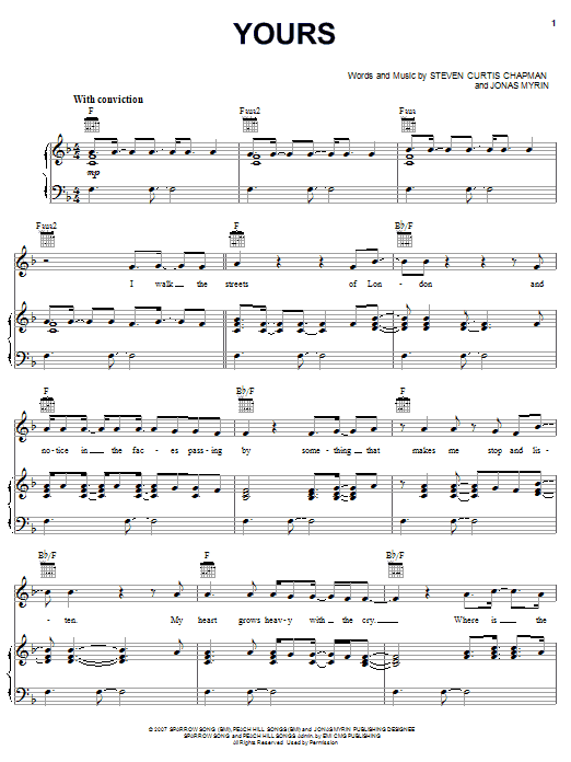 Steven Curtis Chapman Yours sheet music notes and chords arranged for Piano, Vocal & Guitar Chords (Right-Hand Melody)