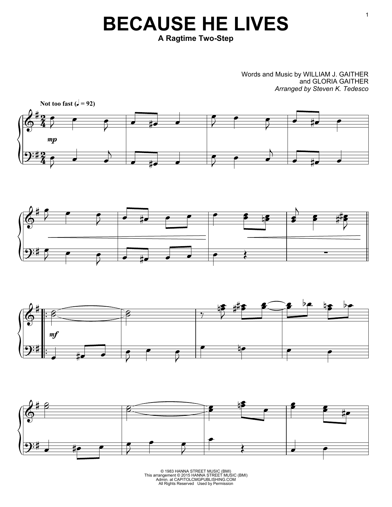 Steven K. Tedesco Because He Lives sheet music notes and chords arranged for Piano Solo