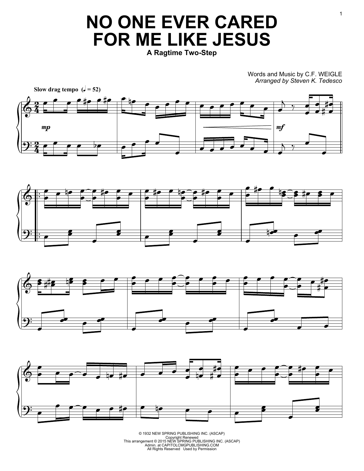 Steven K. Tedesco No One Ever Cared For Me Like Jesus sheet music notes and chords arranged for Piano Solo