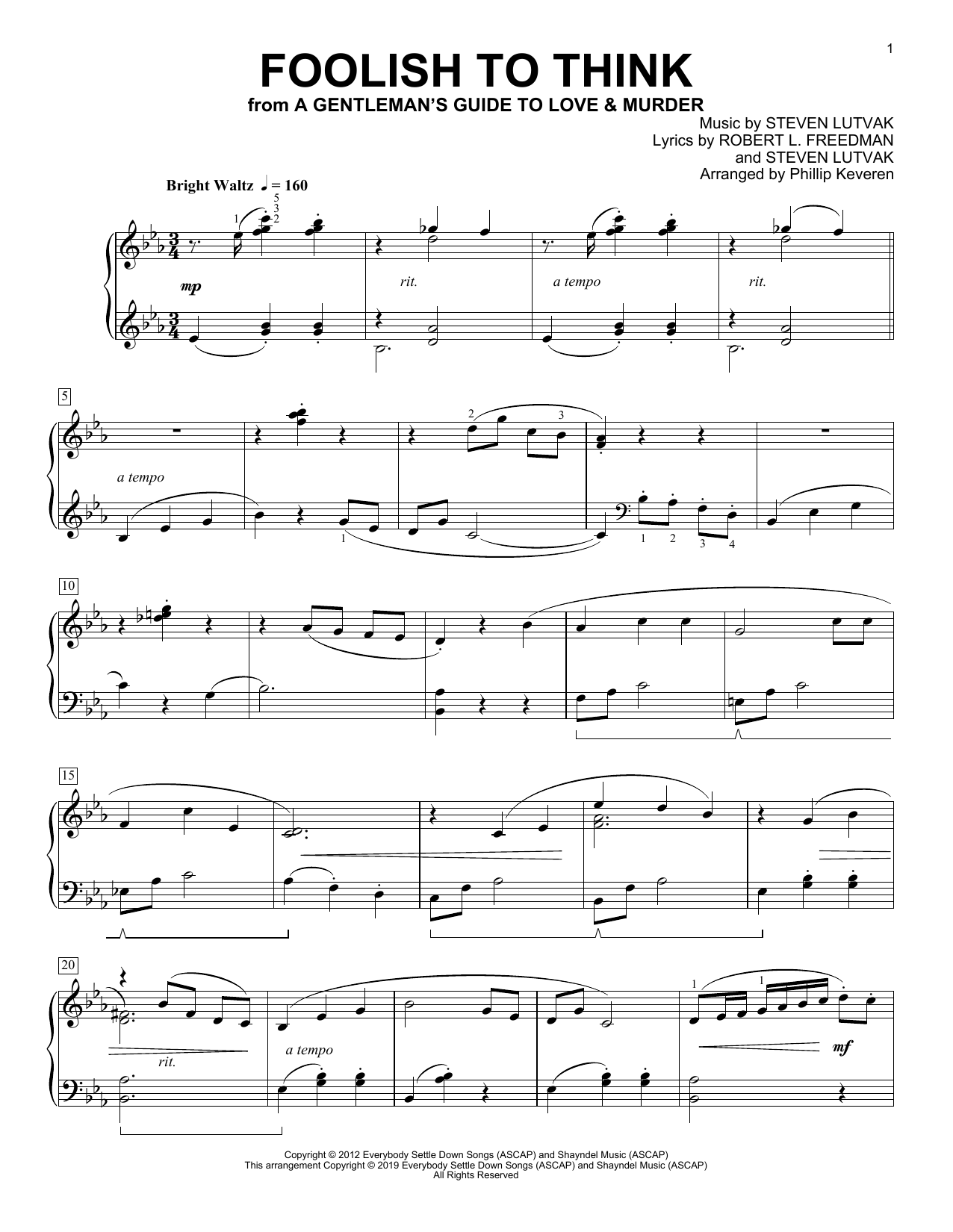 Steven Lutvak Foolish To Think [Classical version] (A Gentleman's Guide To Love & Murder) (arr. Phillip Keveren) sheet music notes and chords arranged for Piano Solo