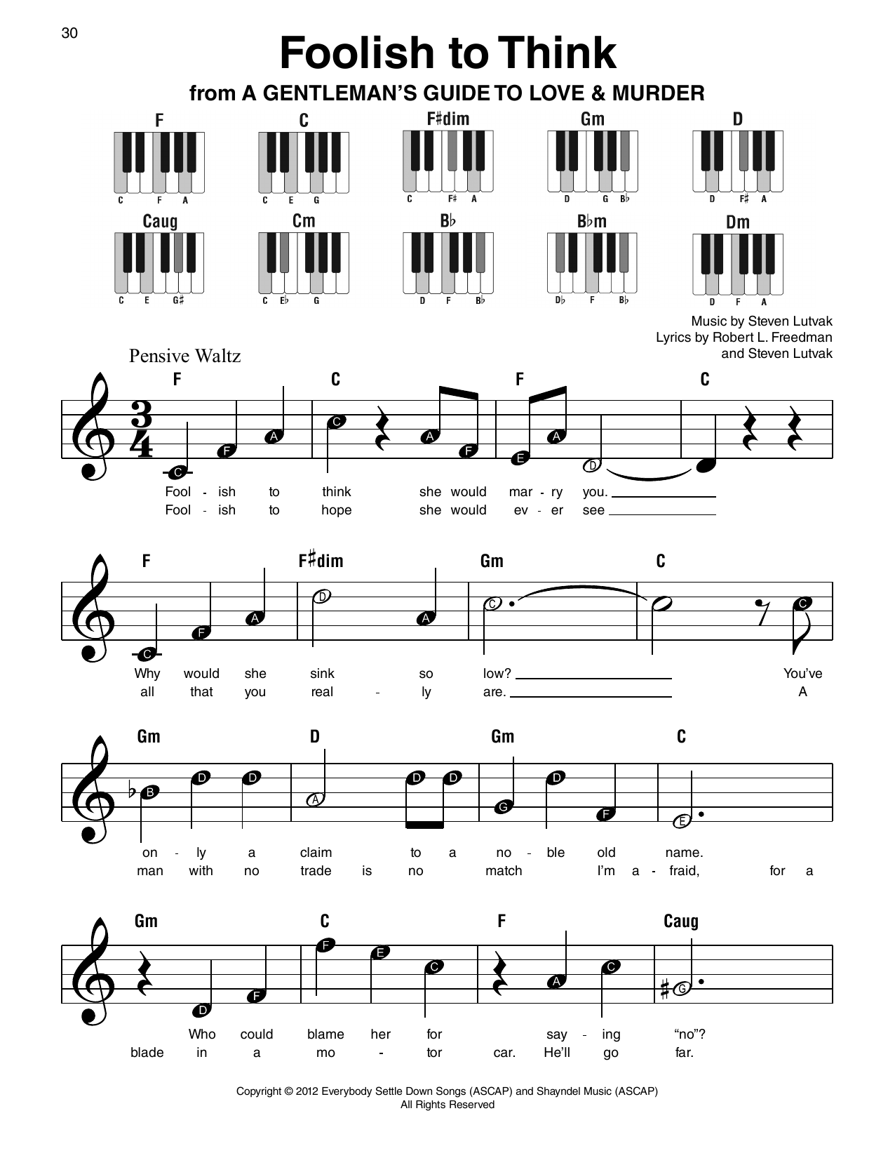 Steven Lutvak Foolish To Think sheet music notes and chords arranged for Piano & Vocal