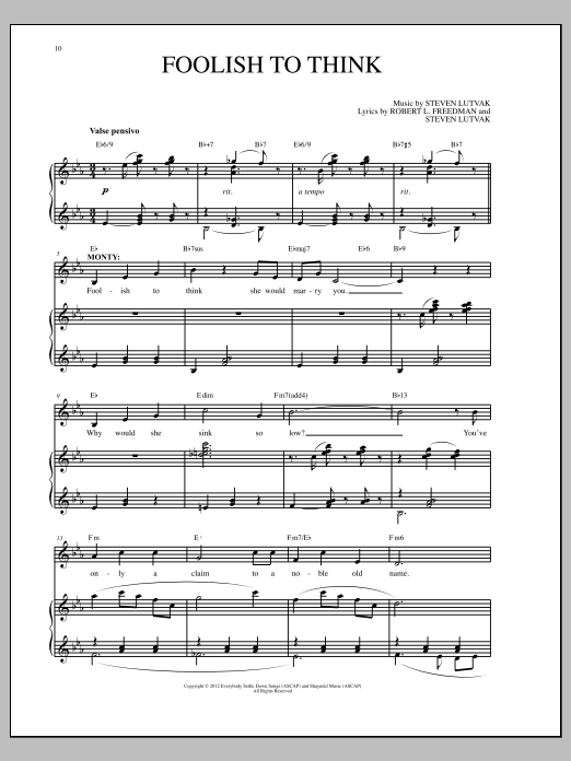 Steven Lutvak Foolish To Think sheet music notes and chords arranged for Piano, Vocal & Guitar Chords (Right-Hand Melody)