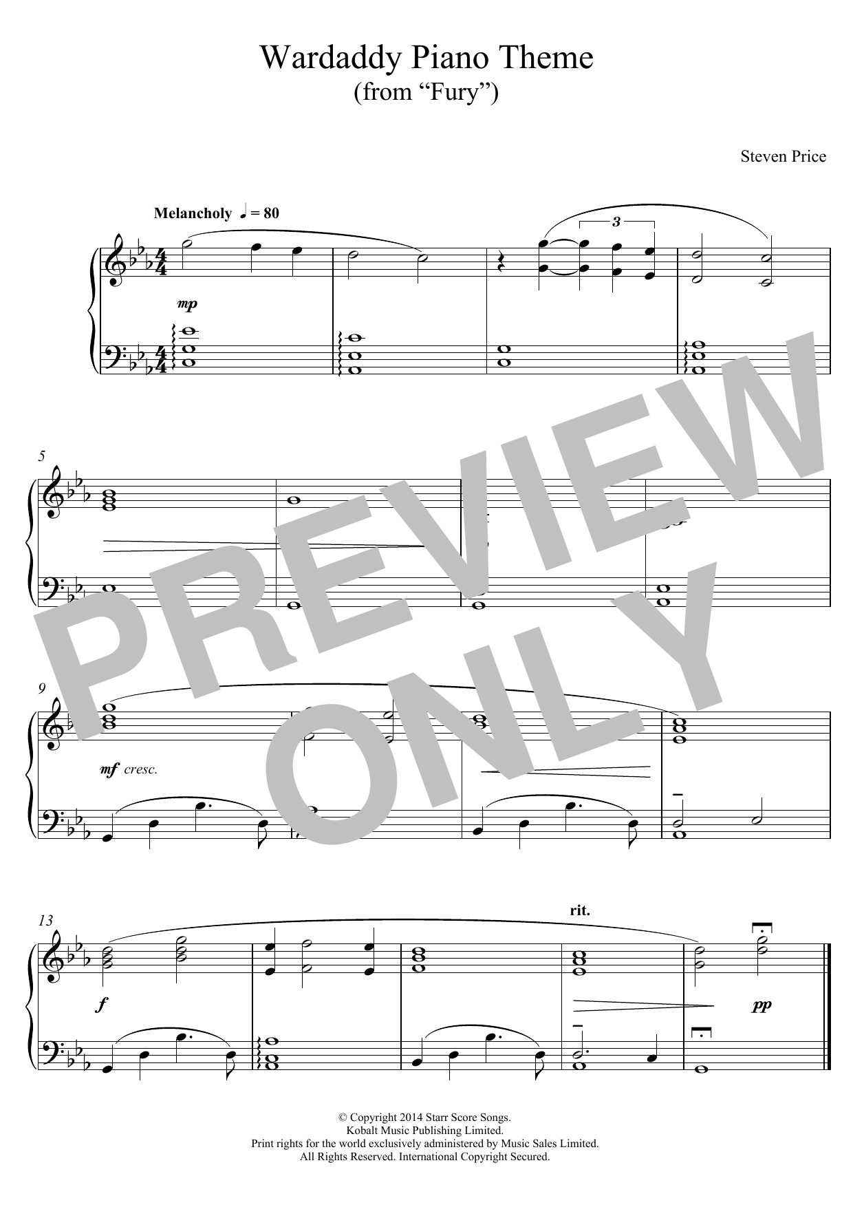 Steven Price Wardaddy Piano Theme (from Fury) sheet music notes and chords arranged for Piano Solo