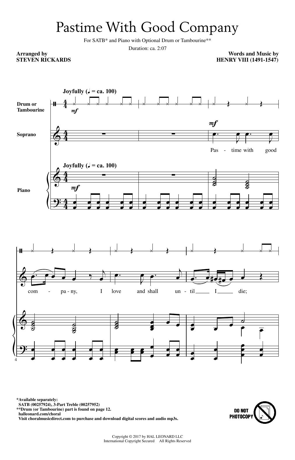 Steven Rickards Pastime With Good Company sheet music notes and chords arranged for SATB Choir