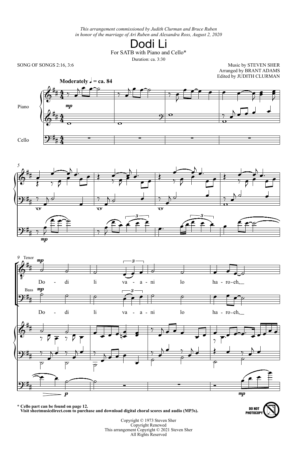 Steven Sher Dodi Li (arr. Brant Adams) sheet music notes and chords arranged for SATB Choir