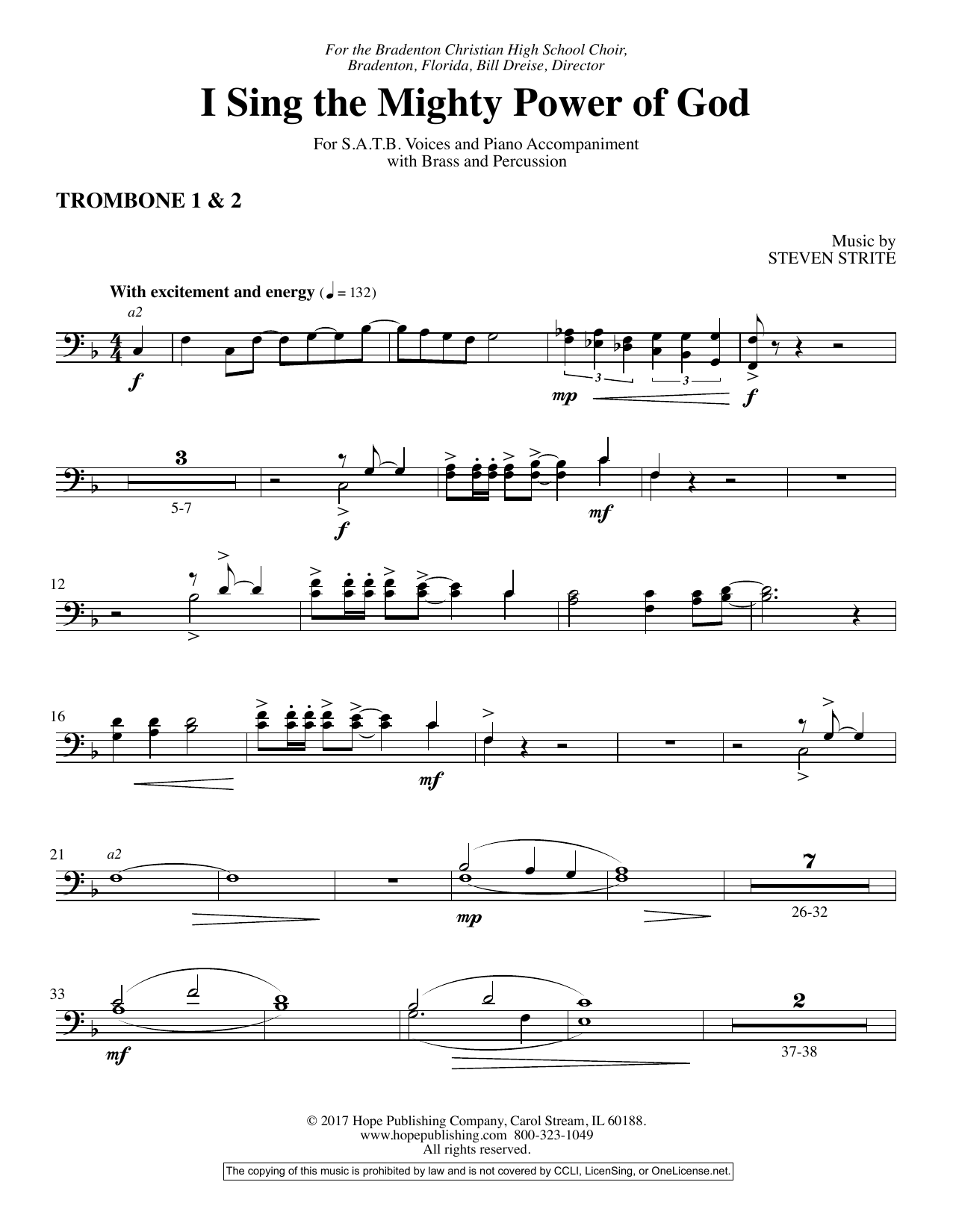 Steven Strite I Sing the Mighty Power of God - Trombone 1 & 2 sheet music notes and chords arranged for Choir Instrumental Pak