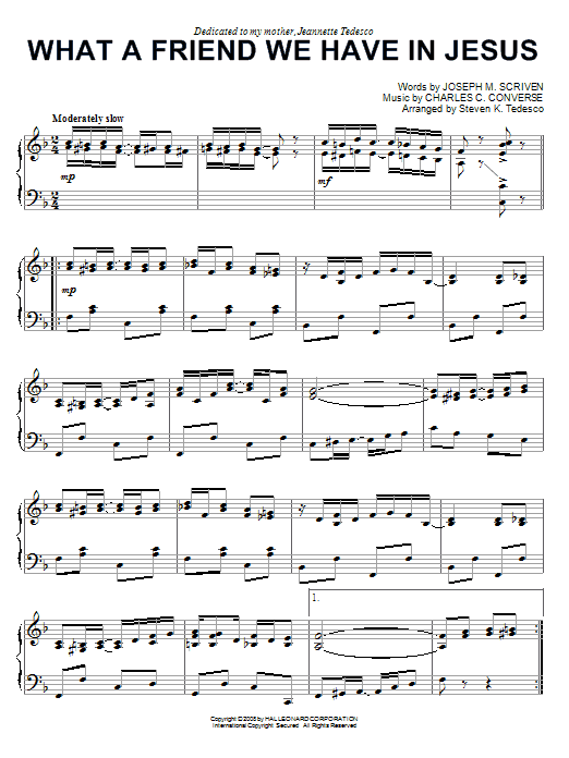 Steven Tedesco What A Friend We Have In Jesus [Ragtime version] sheet music notes and chords arranged for Piano Solo