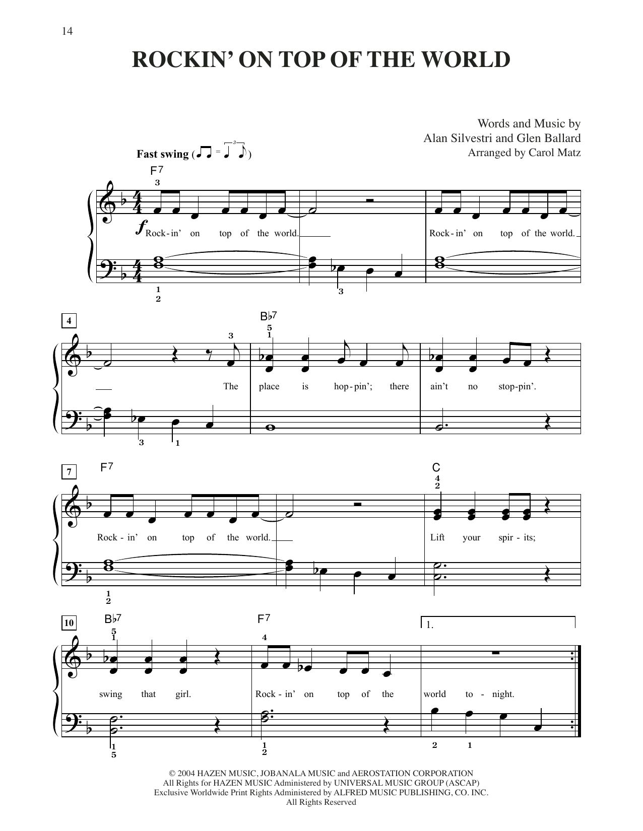Steven Tyler Rockin' On Top Of The World (from The Polar Express) (arr. Carol Matz) sheet music notes and chords arranged for Big Note Piano