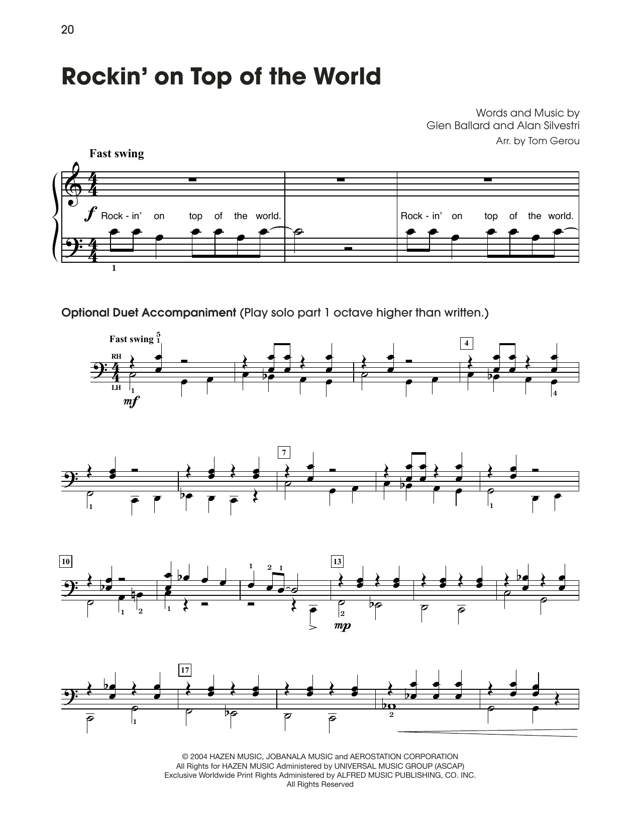 Steven Tyler Rockin' On Top Of The World (from The Polar Express) (arr. Tom Gerou) sheet music notes and chords arranged for 5-Finger Piano