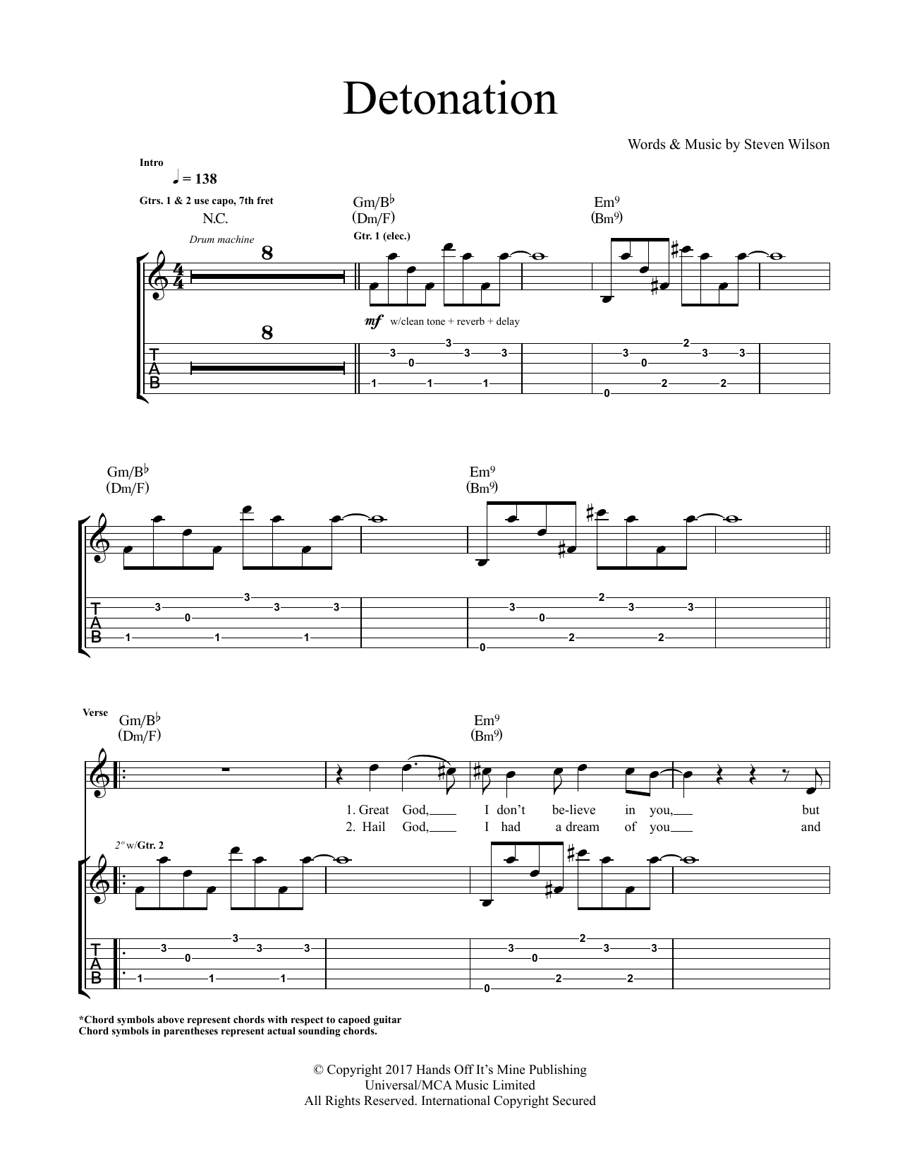 Steven Wilson Detonation sheet music notes and chords arranged for Guitar Tab