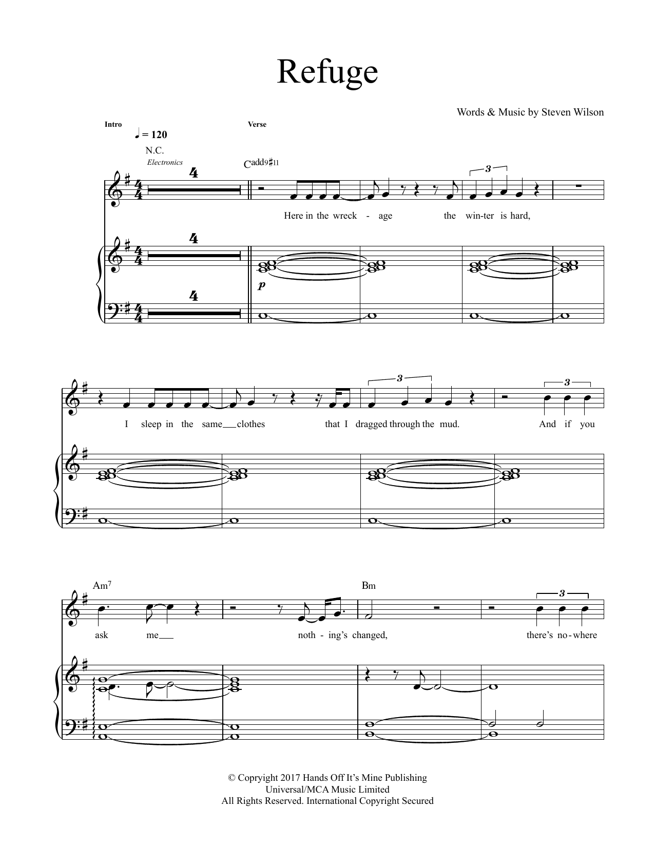 Steven Wilson Refuge sheet music notes and chords arranged for Piano & Vocal