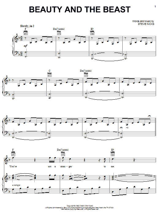 Stevie Nicks Beauty And The Beast sheet music notes and chords arranged for Piano, Vocal & Guitar Chords (Right-Hand Melody)