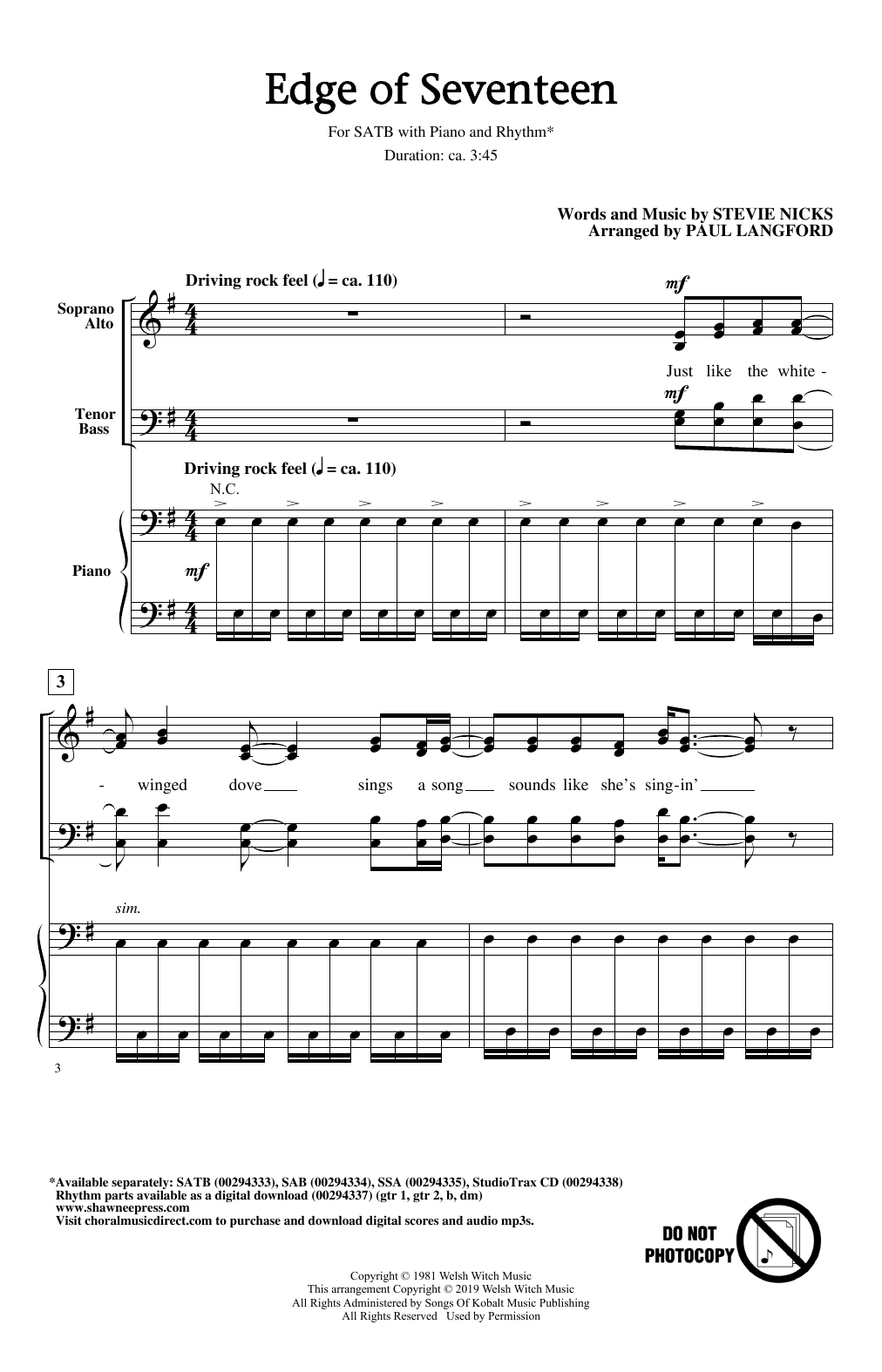 Stevie Nicks Edge Of Seventeen (arr. Paul Langford) sheet music notes and chords arranged for SSA Choir