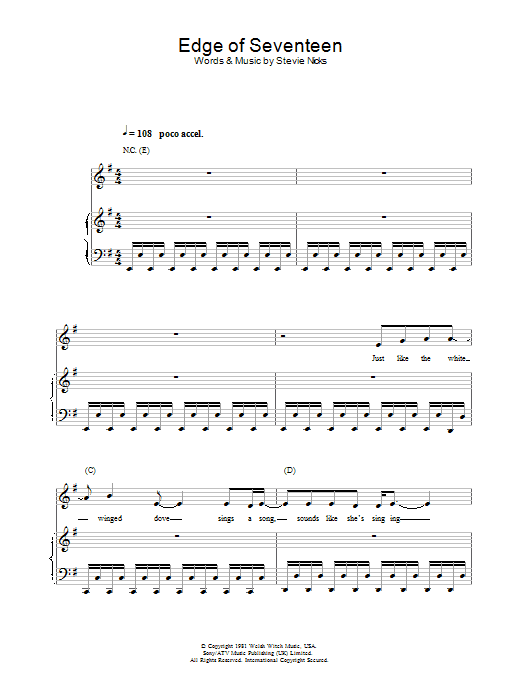 Stevie Nicks Edge Of Seventeen sheet music notes and chords arranged for Piano, Vocal & Guitar Chords
