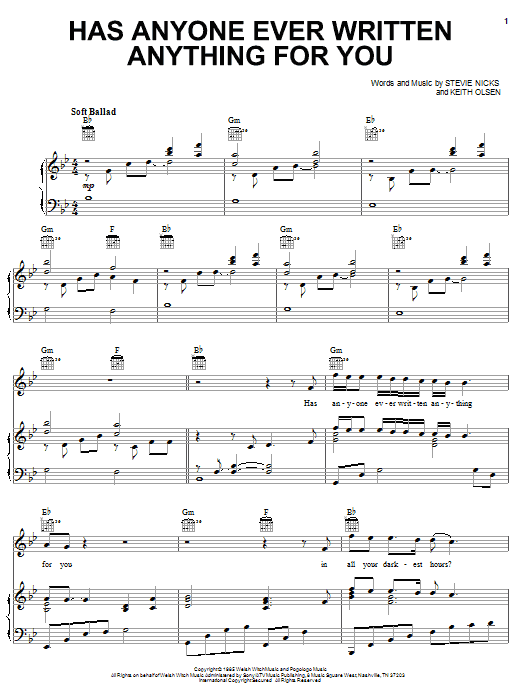Stevie Nicks Has Anyone Ever Written Anything For You sheet music notes and chords arranged for Piano, Vocal & Guitar Chords (Right-Hand Melody)